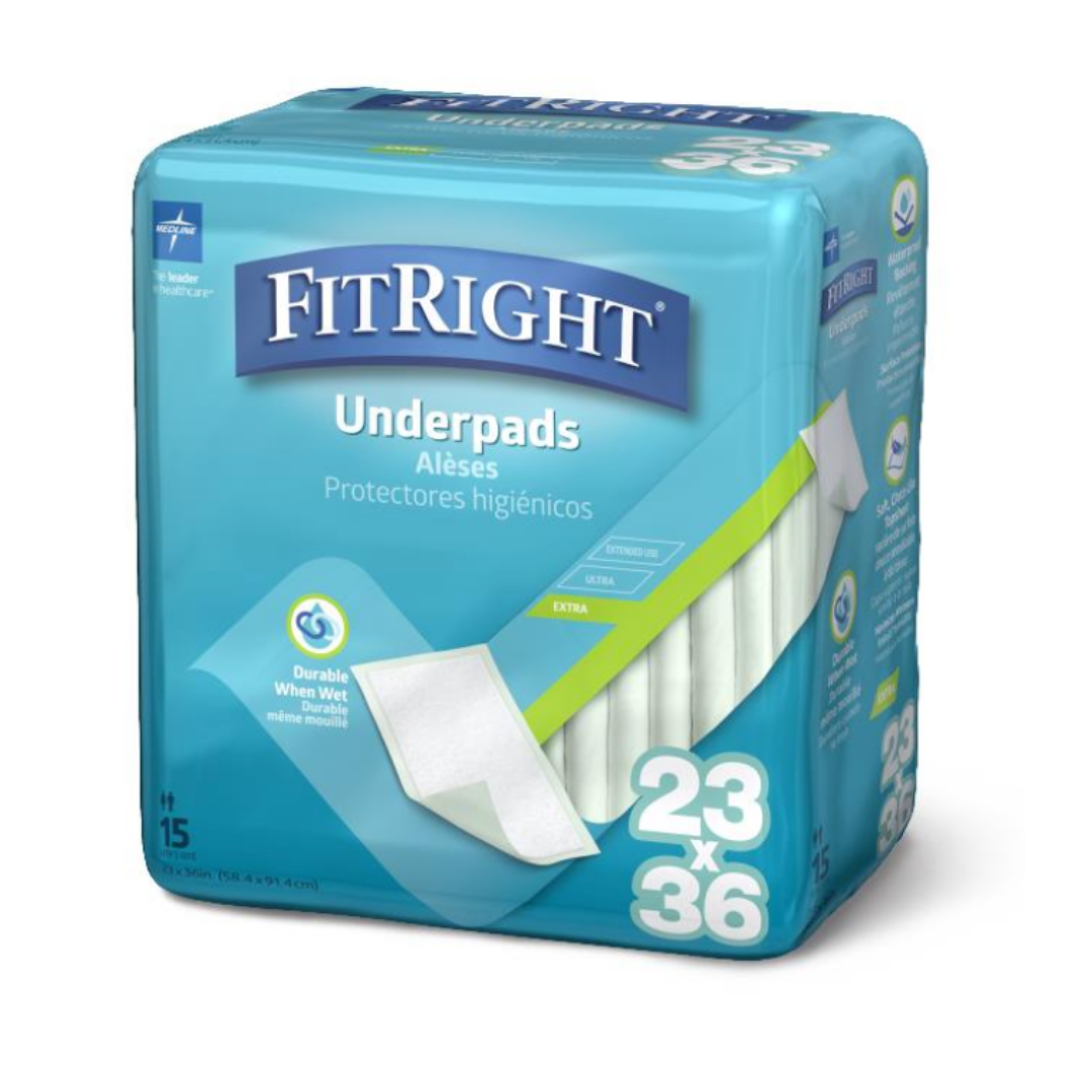 A pack of Medline FitRight Underpads, 23 x 36 inches, with 15 pads per pack. The mostly teal package highlights features like moderate or heavy absorbency, odor control, multi-layer protection, and waterproof backing for durability.